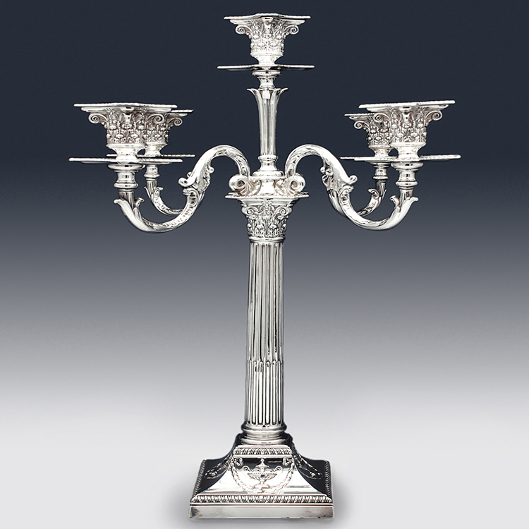 Five branch antique sterling silver corinthian column candelabra by Elkington and Co