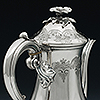 Top of coffee pot detailing handle, ferrules, lid and fauna and floral knop form