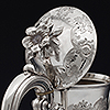 Coffee pot with lid open showing fauna knop and floral engraving