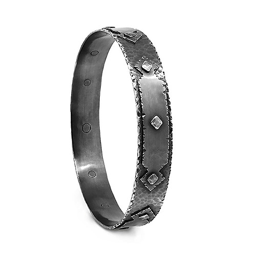 Oxidised finished 13mm wide layered riveted strapped bangle