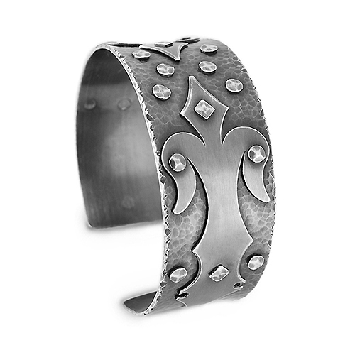 Oxidised finished 28mm wide french fleur de lys cuff bangle