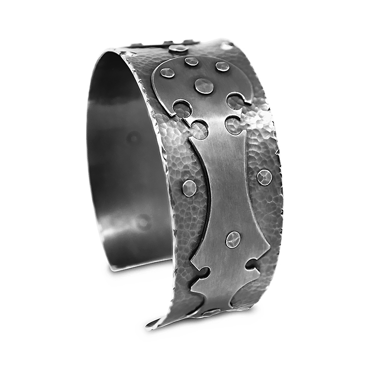 Oxidised finished 28mm wide riveted silver cuff bangle