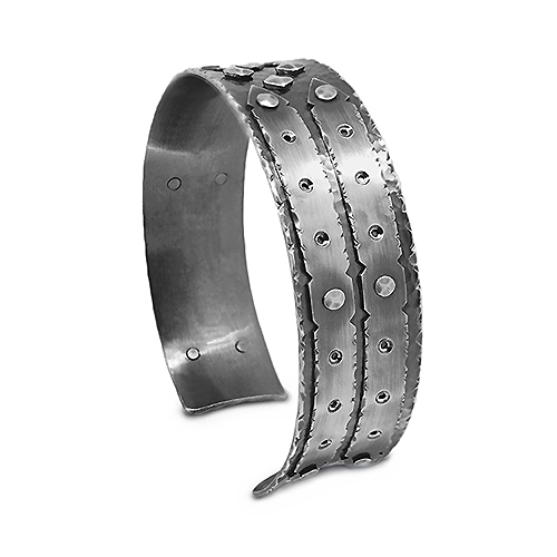Oxidised finished 20mm wide riveted strapped cuff bangle