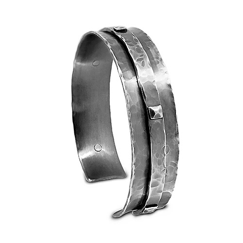 Oxidised finished 20mm wide riveted strapped cuff bangle