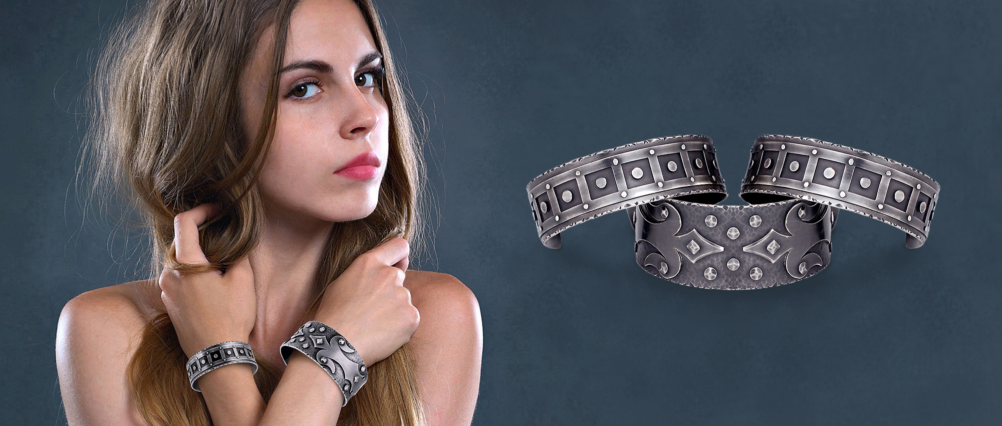 Sterling silver riveted cuffs and bangles on model