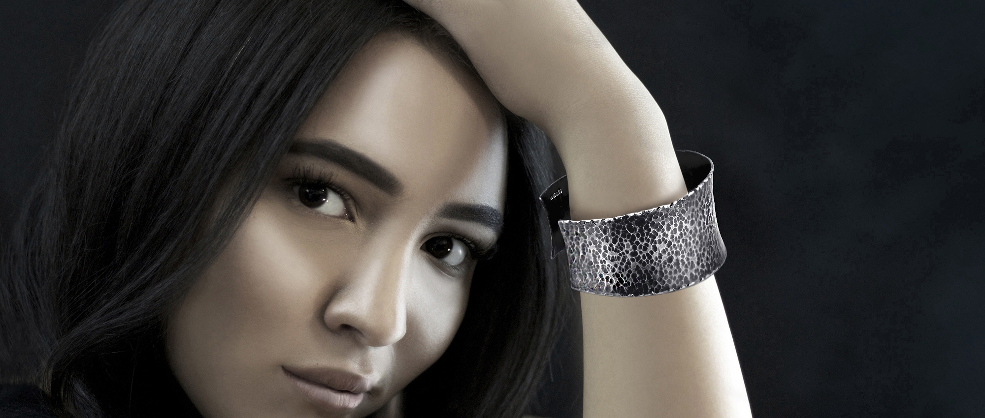 Sterling silver textured cuff bangle on model